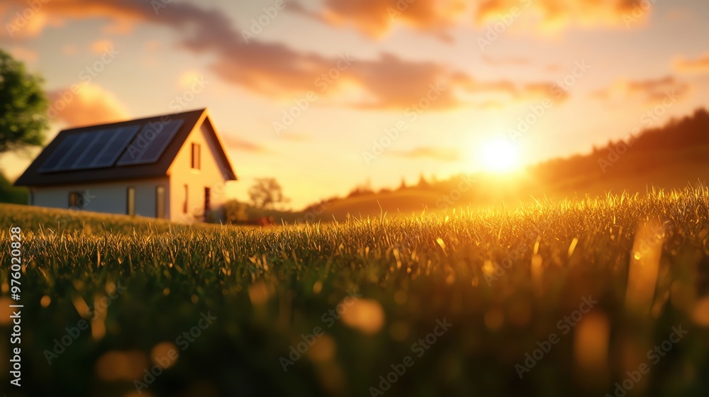 A serene sunset scene featuring a quaint house amidst lush green grass, capturing the beauty of nature and tranquility. A serene sunset scene featuring a quaint house amidst lush green grass, capturing the beauty of nature and tranquility.