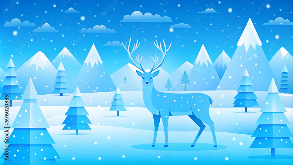 Illustration of a picture of a deer standing against a snowy mountain range, winter landscape on a blue background. Illustration of a picture of a deer standing against a snowy mountain range, winter landscape on a blue background.