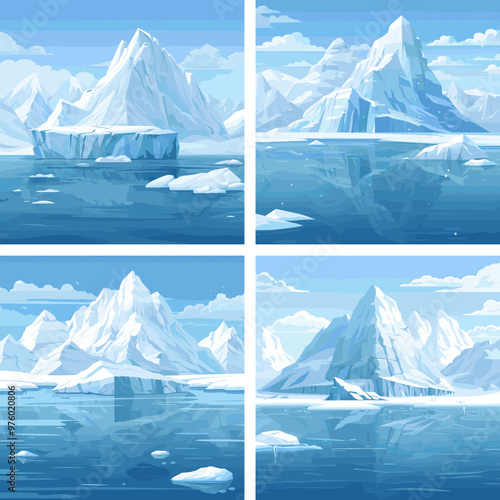 Arctic iceberg landscape cartoon vector concepts. Snow blue ice frozen ocean crystal water reflection sky clouds nature scenery glacier cold winter tranquil pristine wilderness artworks