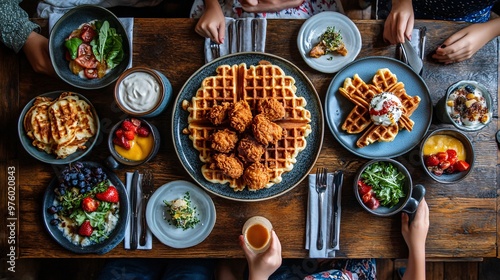 A family gathered for a weekend brunch, with fried chicken and waffles as the main dish. The mood is casual and happy, with everyone enjoying the shared meal. Large space for text in center Stock