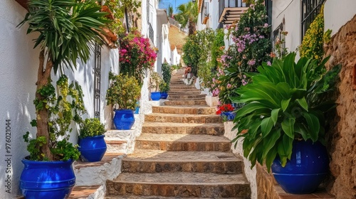 A narrow, cobblestone street lined with whitewashed houses and vibrant potted plants climbs uphill, creating a picturesque scene of Mediterranean charm.