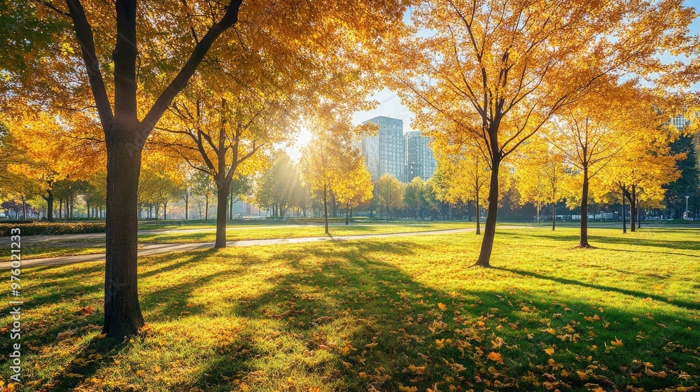 Fototapeta premium A park with trees and a path in the foreground, a city skyline in the background, and sunlight filtering through the leaves.