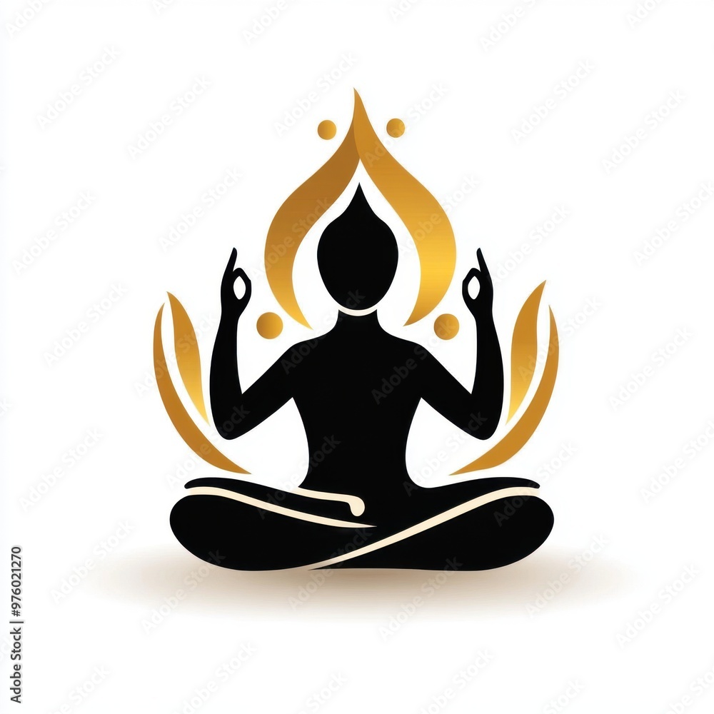 A serene silhouette of a meditating figure, surrounded by flame-like elements, symbolizing peace and spiritual harmony. yoga logo A serene silhouette of a meditating figure, surrounded by flame-like elements, symbolizing peace and spiritual harmony. yoga logo