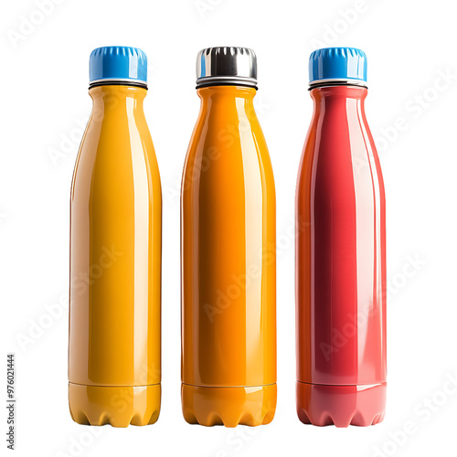 Set of Three Colorful Water Bottles in Yellow Orange and Red, Reusable Stylish Bottles for Drinks photo