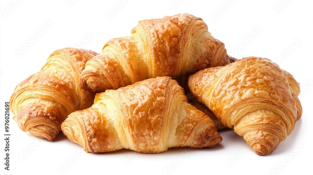 A pile of five golden brown croissants isolated on a white background. A pile of five golden brown croissants isolated on a white background.