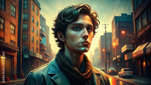 Stylish portrait of a young man in a city street at night with dramatic lighting