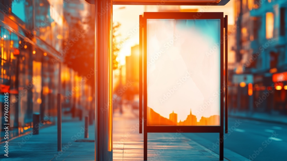 Empty advertising billboard at a bus stop, illuminated city street at twilight. Empty advertising billboard at a bus stop, illuminated city street at twilight.