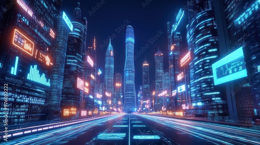 Fototapeta premium A vibrant futuristic cityscape at night featuring neon lights and towering skyscrapers, capturing the essence of modern urban life.