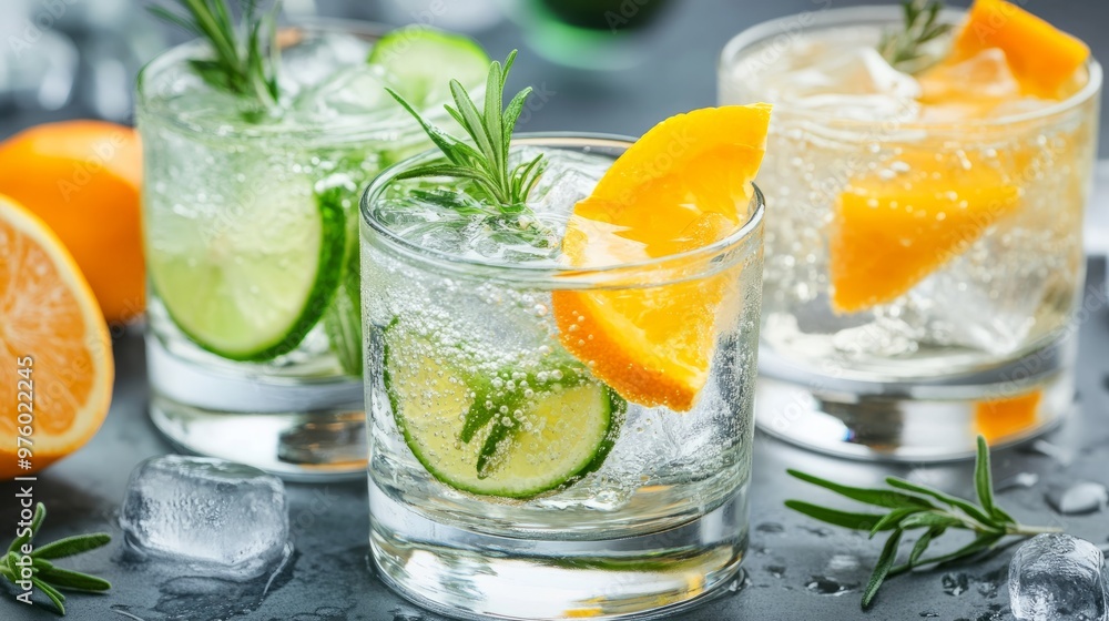 Fresh and refreshing cocktails based on gin, a distinctive herbal flavor, bar Fresh and refreshing cocktails based on gin, a distinctive herbal flavor, bar