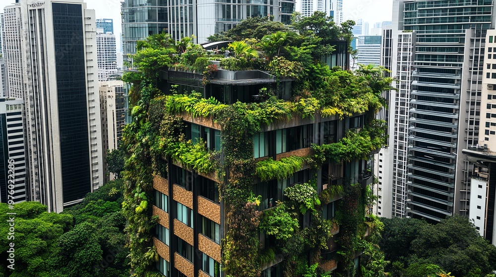 A vibrant green building enveloped in lush vegetation, showcasing urban sustainability and eco-friendly architecture amidst a modern cityscape. A vibrant green building enveloped in lush vegetation, showcasing urban sustainability and eco-friendly architecture amidst a modern cityscape.