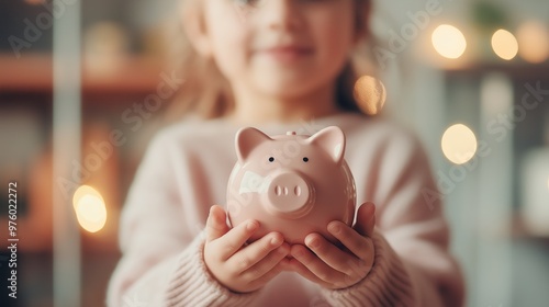 child holding a piggy bank, concept of savings and financial education