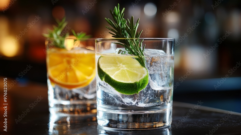 Fresh and refreshing cocktails based on gin, a distinctive herbal flavor, bar Fresh and refreshing cocktails based on gin, a distinctive herbal flavor, bar