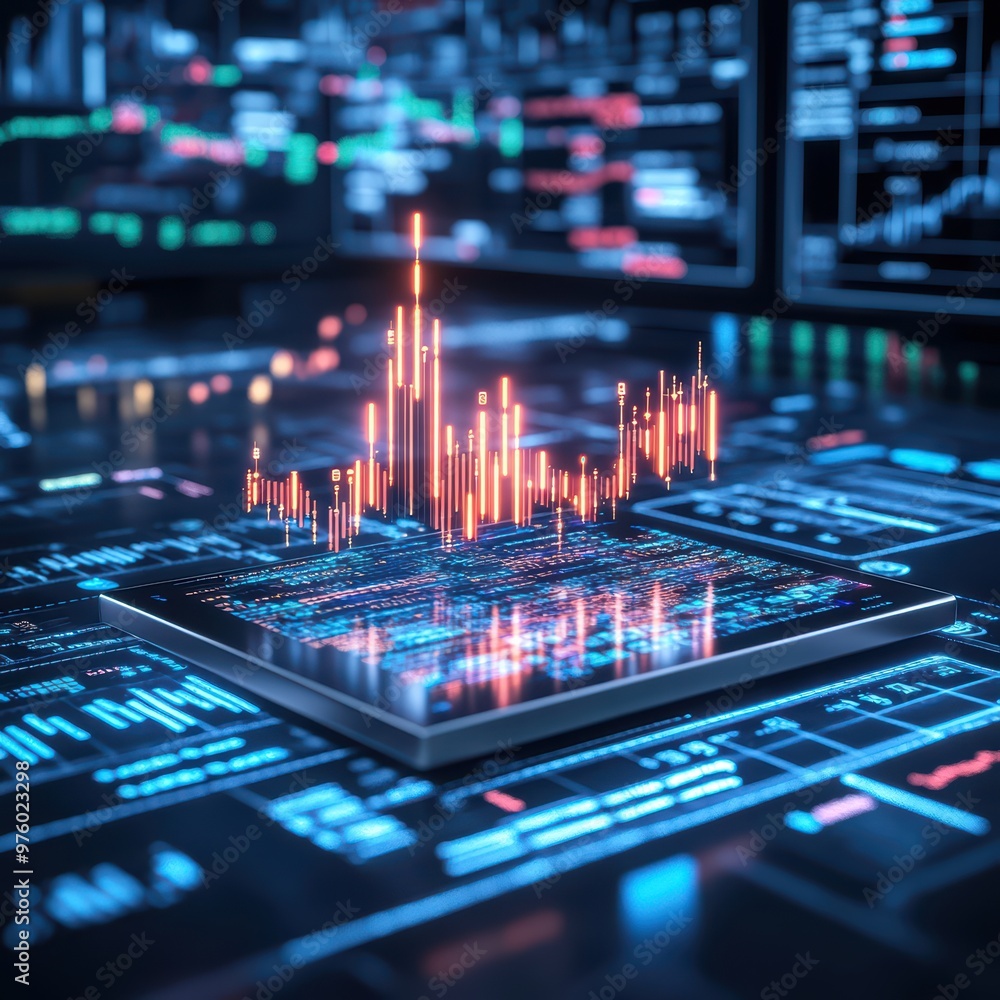 Dynamic financial data visualization on a digital screen, showcasing vibrant graphs and analytics for market trends. Dynamic financial data visualization on a digital screen, showcasing vibrant graphs and analytics for market trends.