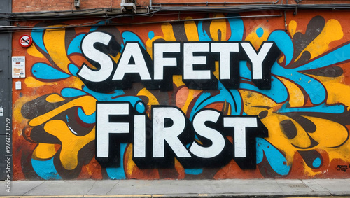 safety first grafitti art design on a wall in street