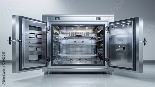 Stainless Steel Chamber with Open Doors and Interior Shelves