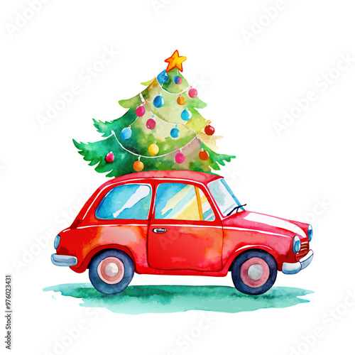 Green fir Christmas tree on red retro car truck. Merry Christmas and Happy New Year