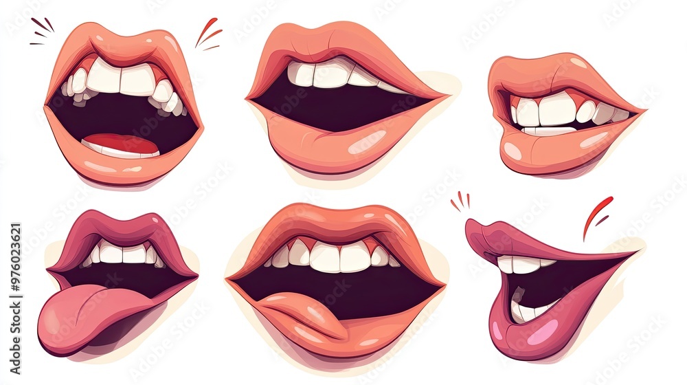 A set of six cartoon mouth expressions with different emotions. A set of six cartoon mouth expressions with different emotions.