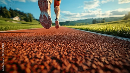 25. A photorealistic image of a person doing sprints on a track field, with the track marked clearly and the background featuring a vibrant green landscape under a clear sky photo