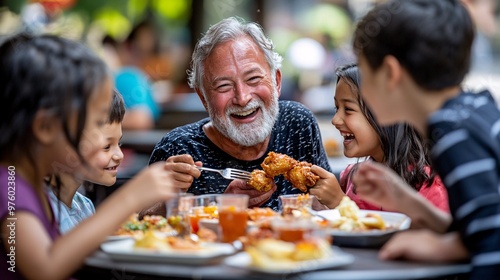 A group of children and elderly individuals from both European and Asian backgrounds sitting around a table, each enjoying fried chicken with big smiles. The crispy batter flakes flying in the air