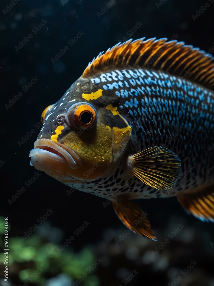 An exotic fish swimming in a dark aquarium, captured in a close-up that highlights the rich detail of its scales. An exotic fish swimming in a dark aquarium, captured in a close-up that highlights the rich detail of its scales.