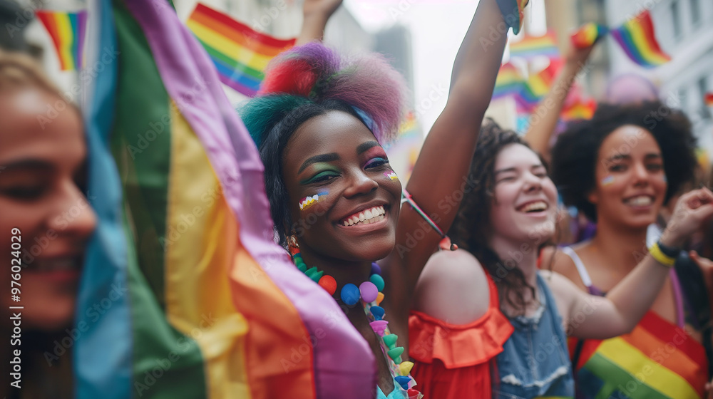A group of young people are smiling and hugging with a rainbow flag. LGBT community, Pride event, transgender concepts. A group of young people are smiling and hugging with a rainbow flag. LGBT community, Pride event, transgender concepts.