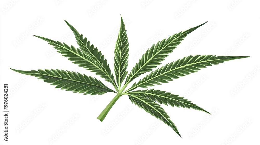 A single green marijuana leaf with five leaflets on a white background. A single green marijuana leaf with five leaflets on a white background.