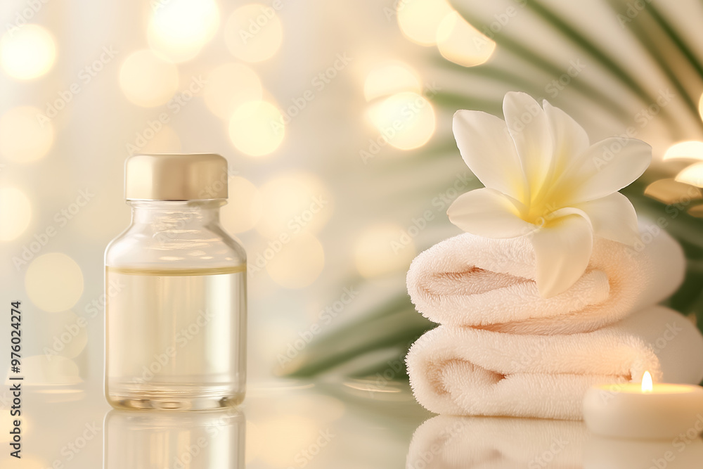A serene spa arrangement includes a bottle of essential oil, neatly rolled towels, and a flower, all softly lit by gentle, warm lights creating a calming atmosphere A serene spa arrangement includes a bottle of essential oil, neatly rolled towels, and a flower, all softly lit by gentle, warm lights creating a calming atmosphere
