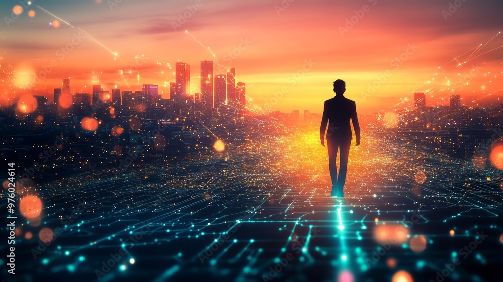 Human silhouette walking on a path of glowing ideas, leading toward a futuristic city, innovation journey, creative business path Human silhouette walking on a path of glowing ideas, leading toward a futuristic city, innovation journey, creative business path