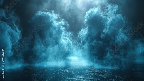 Abstract dark background, misty blue light rays on an asphalt floor, a night scene with smoke and fog. A dark stage for a product presentation. 