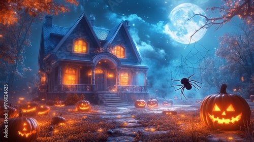 A spooky Halloween scene with a haunted house, jack-o-lanterns, and a spider web.