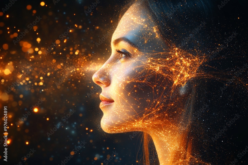 Side profile of a woman dissolving into glowing neural particles symbolizing imagination thought and creativity in an abstract conceptual scene Side profile of a woman dissolving into glowing neural particles symbolizing imagination thought and creativity in an abstract conceptual scene