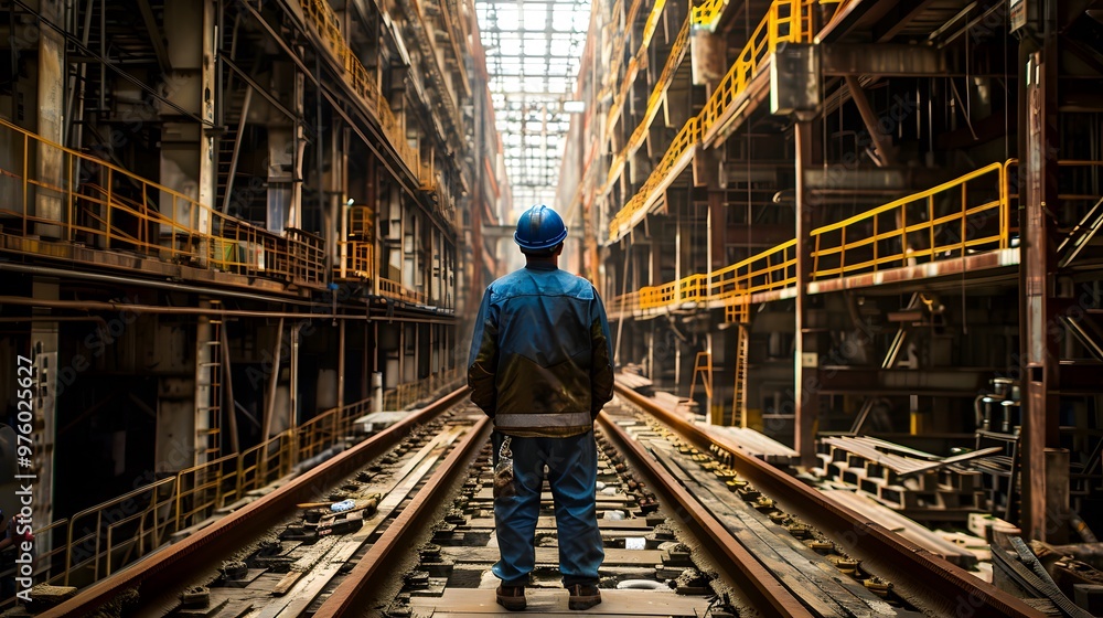 A lone worker stands on railroad tracks in a large industrial building, looking toward the open ceiling. A lone worker stands on railroad tracks in a large industrial building, looking toward the open ceiling.