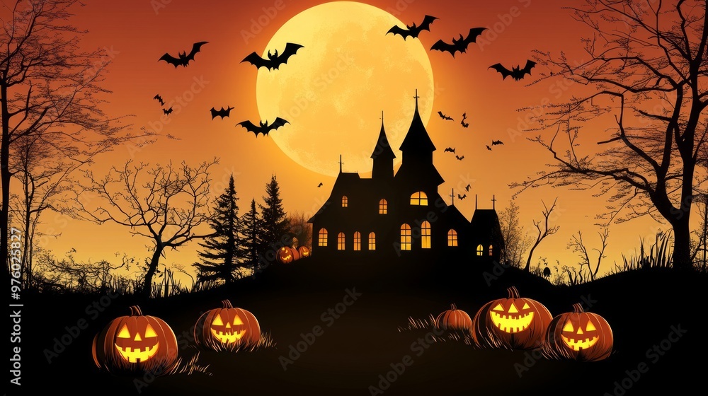 A spooky haunted house silhouette against a backdrop of a full moon and bats. A spooky haunted house silhouette against a backdrop of a full moon and bats.