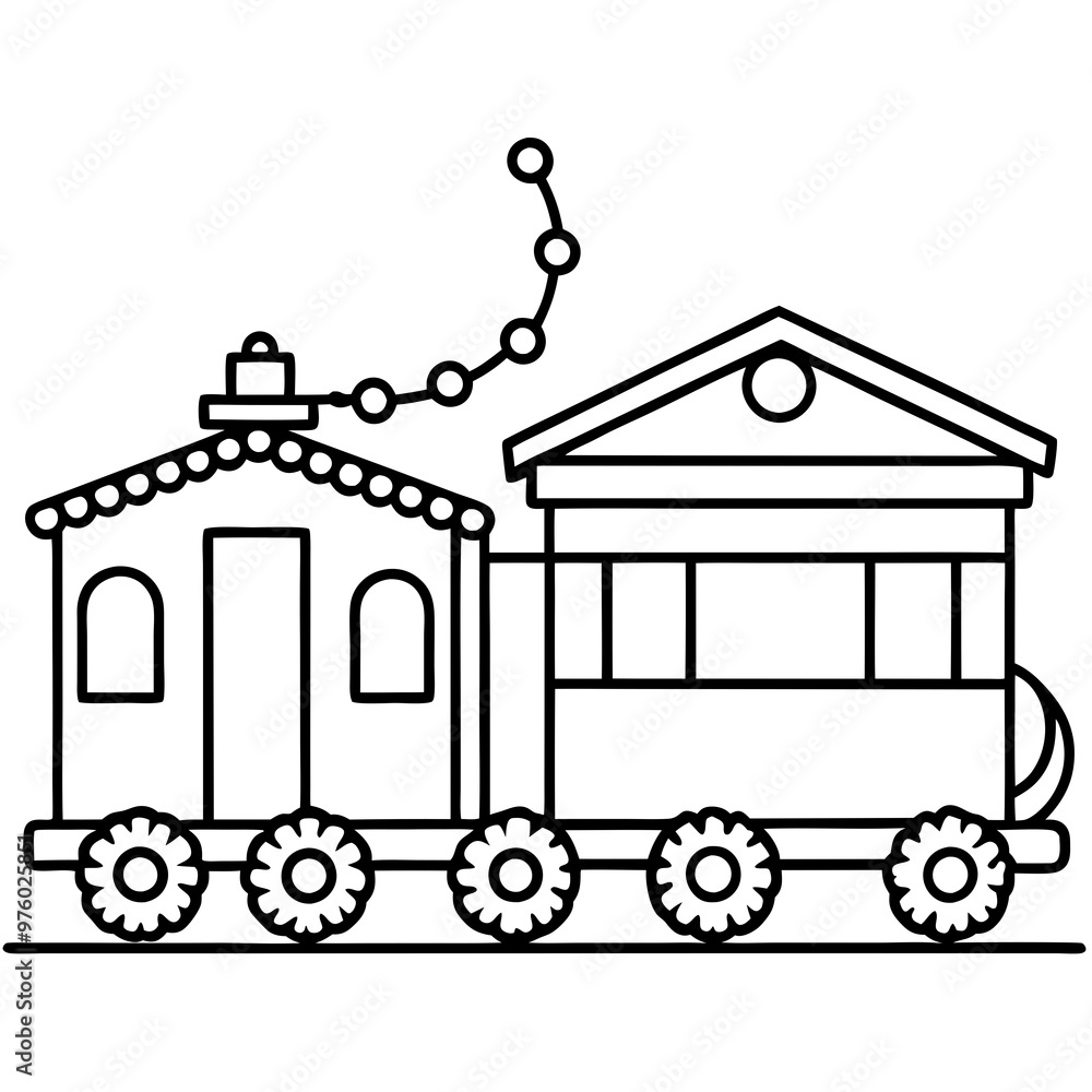 Naklejka premium A small train station decorated with wreaths and lights, with a simple train beside it vector