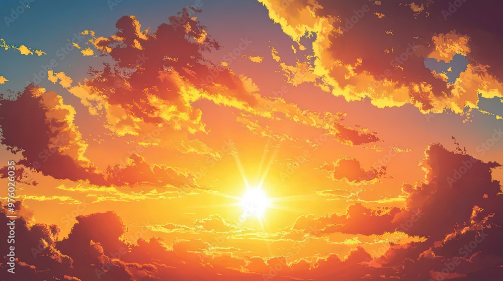 Naklejka premium A vibrant sunset with the sun shining brightly through the clouds.