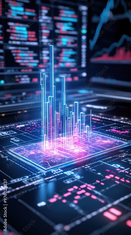 Visual representation of data analysis with glowing charts and graphs on a digital screen, showcasing modern technology and innovation. Visual representation of data analysis with glowing charts and graphs on a digital screen, showcasing modern technology and innovation.