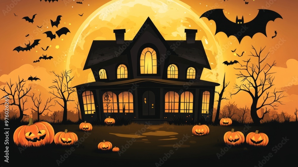 A spooky haunted house with a full moon and bats in the sky. A spooky haunted house with a full moon and bats in the sky.