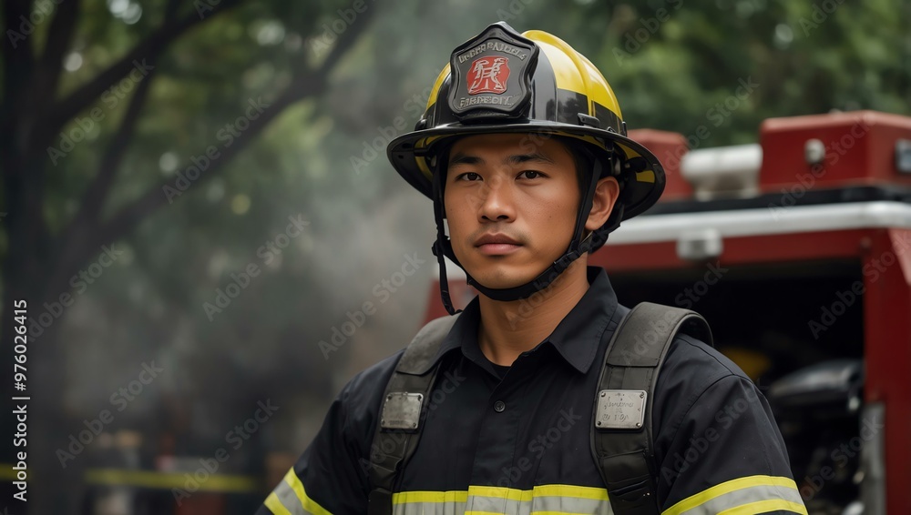 Asian male firefighter in an attractive setting. Asian male firefighter in an attractive setting.