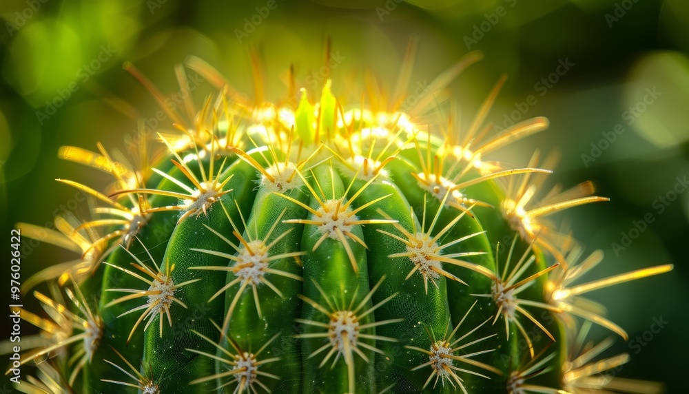 Close-up of a vibrant green cactus bathed natural sunlight, highlighting its golden-yellow spines Close-up of a vibrant green cactus bathed natural sunlight, highlighting its golden-yellow spines