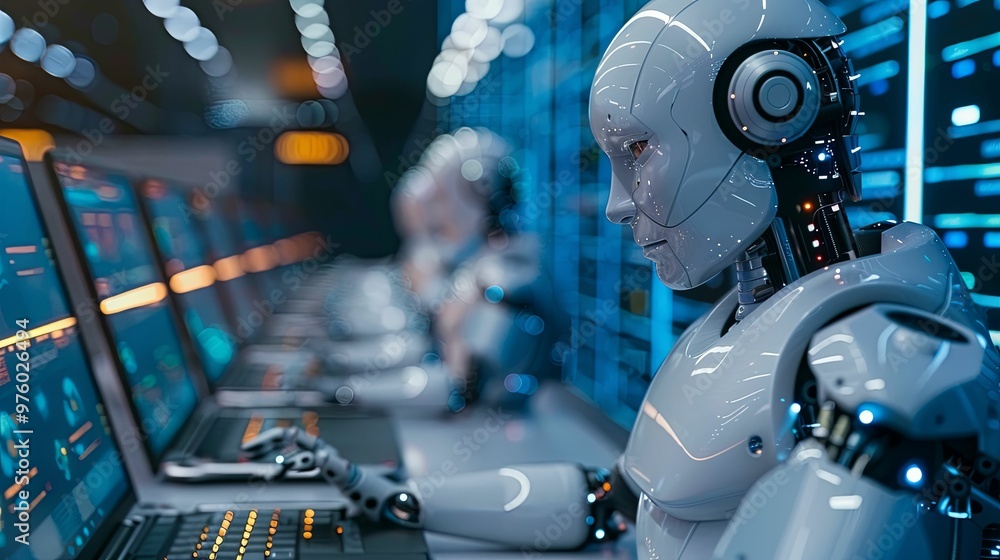 Humanoid Robot Using a Computer in a Futuristic Server Room Humanoid Robot Using a Computer in a Futuristic Server Room