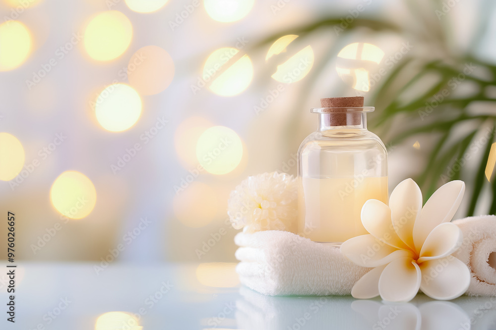 A tranquil spa arrangement featuring a glass bottle of essential oil nestled among soft towels and delicate flowers, creating a calming atmosphere for relaxation A tranquil spa arrangement featuring a glass bottle of essential oil nestled among soft towels and delicate flowers, creating a calming atmosphere for relaxation