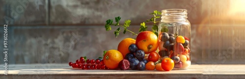 Composition of natural fruits and vegetables neatly arranged in a glass jar, emphasizing health