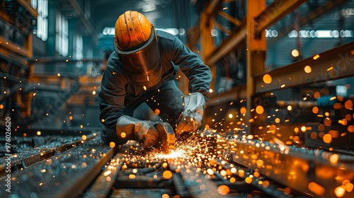 Industrial Worker Grinding Metal with Sparks Flying