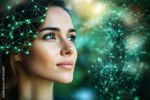 Woman surrounded by a digital web of neural connections symbolizing advanced thought innovation and the fusion of human intellect with technology in a futuristic world