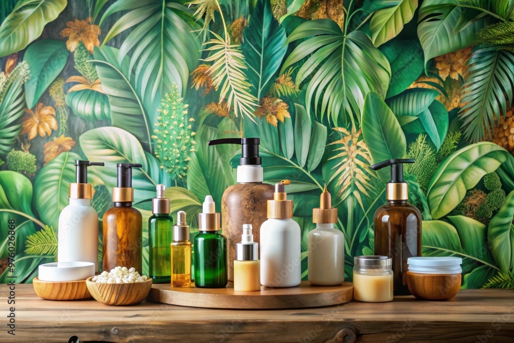 Tranquil Skincare Display with Green Bottles on Rustic Wooden Table, Set Among Verdant Ferns
Tranquil Skincare Display with Green Bottles on Rustic Wooden Table, Set Among Verdant Ferns