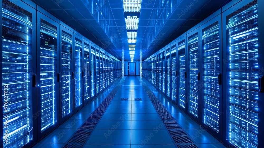 Rows of illuminated server racks in a modern data center Rows of illuminated server racks in a modern data center