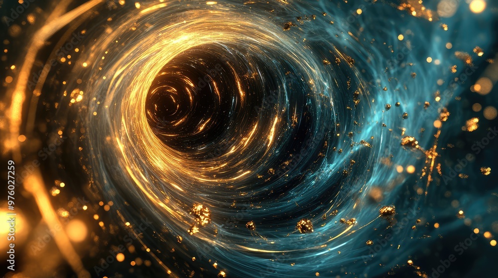 Abstract representation of magnetic fields with swirling metallic particles.