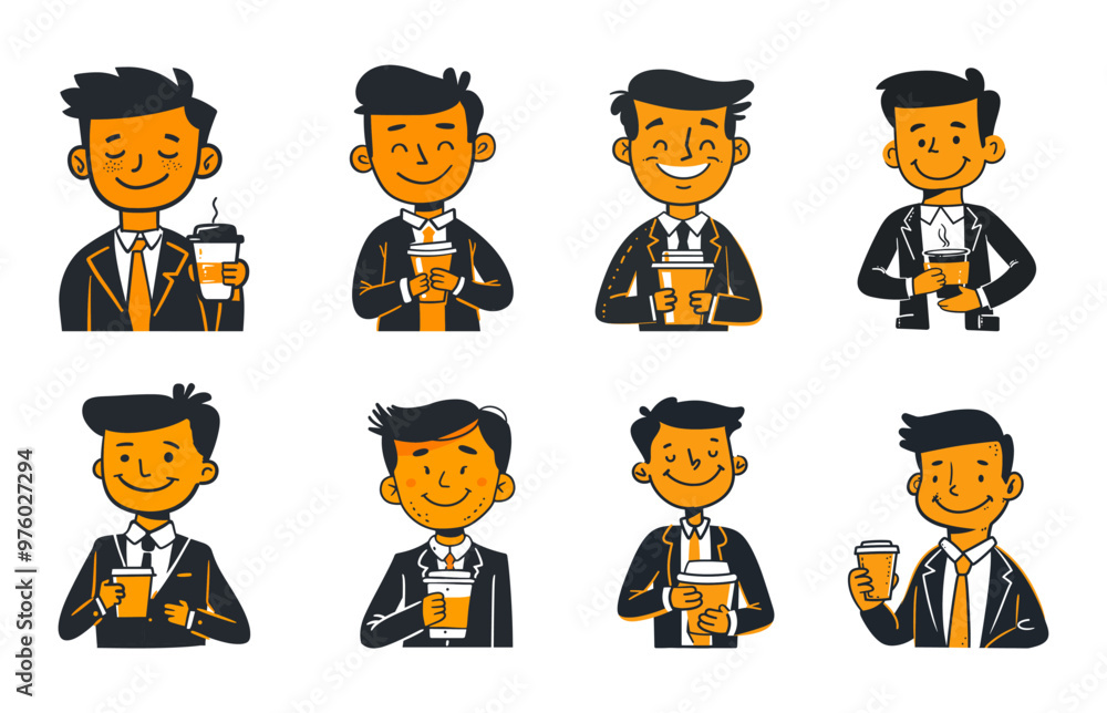 Positive worker holding coffee doodle vector set. Energetic man tie suit cup glass hot drink cheerfulness business productive day start simple character, isolated illustrations Positive worker holding coffee doodle vector set. Energetic man tie suit cup glass hot drink cheerfulness business productive day start simple character, isolated illustrations