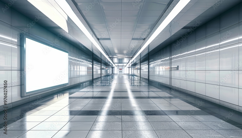 High-resolution image showcasing the interior of a modern subway station with an empty advertising High-resolution image showcasing the interior of a modern subway station with an empty advertising
