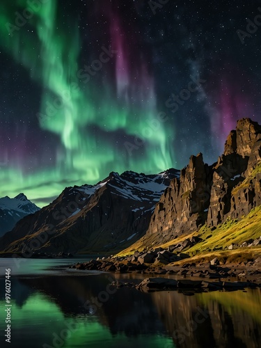 Aurora over rocky cliffs and valleys with vibrant reflections